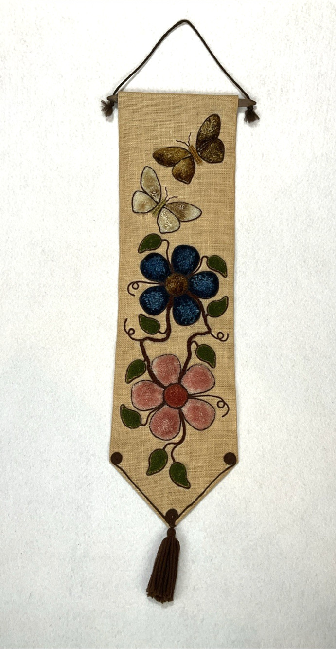 Vintage Burlap Latch Hook Wall Hanging Floral Butterfly Design MCM 70s Retro